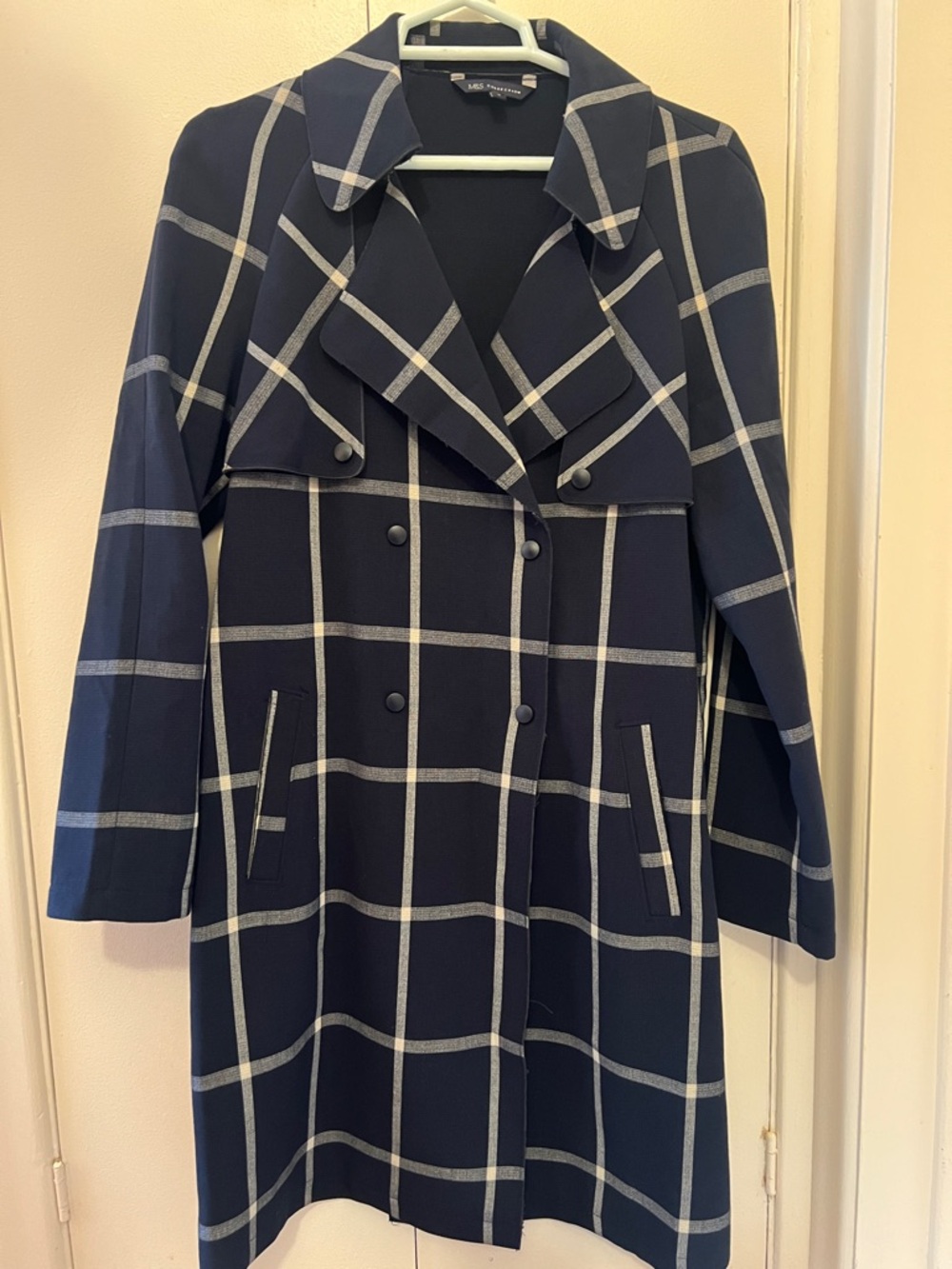 Windowpane Navy Double-Breasted Trench Coat